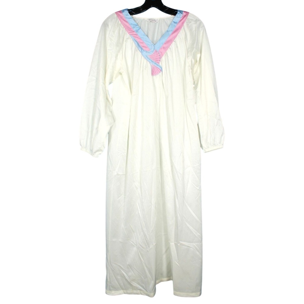 VTG VANITY FAIR Ivory NYLON Flannel Backing SATIN TRIM V-NECK Lounge NIGHTGOWN S
